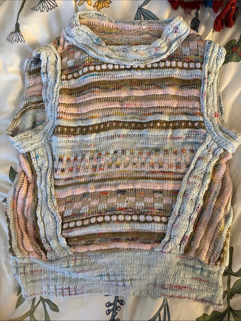 Vintage Multicolor Knit Sleeveless Sweater Vest - Pastel Blue, Pink, Olive